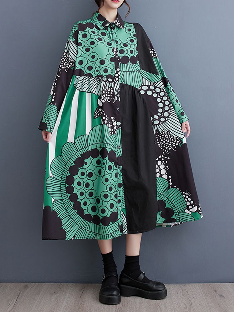Long Sleeve Vintage Pattern Print Shirt Dresses For Women New Loose Casual Midi Dress Fashion Elegant Clothes Spring Autumn 2026_ecoleips.com