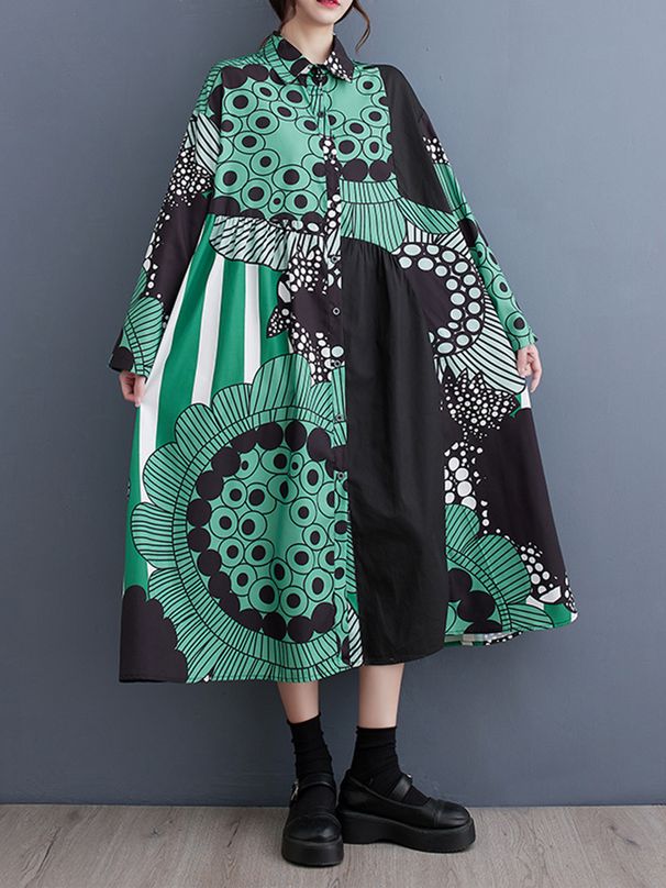 Long Sleeve Vintage Pattern Print Shirt Dresses For Women New Loose Casual Midi Dress Fashion Elegant Clothes Spring Autumn 2026_ecoleips.com