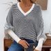 Women's Clothing Oversized V-Neck Batwing Sleeve Striped Knit Sweater - Soft Acrylic Blend, Casual Loose Fit Pullover, Trendy Office & Streetwear_ecoleips.com