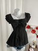Women's Sweet Fresh Summer Style Bow Tie Pleated Ruffled Camisole Top French Square Waist T-Shirt_ecoleips.com