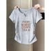 Women's V-Neck Slim-Fit Cotton T-Shirt – Tailored Waist, Minimalist Letter Print, Summer Essential In Neutral Tones_ecoleips.com