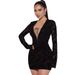 Women’s Clothing Lace Long Sleeved Hip Skirt Sexy Deep V Neck Printed Dress_ecoleips.com