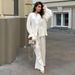 Women's Long Sleeved Cardigan And Wide Leg Trousers Set Pure Cotton Lantern Sleeve Top And Bottoms Autumn_ecoleips.com