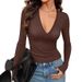 Women's Clothing Slim Fit Ribbed Knit Top Sexy Deep V Neck Long Sleeved Casual Basic T-Shirt American Style 2026_ecoleips.com