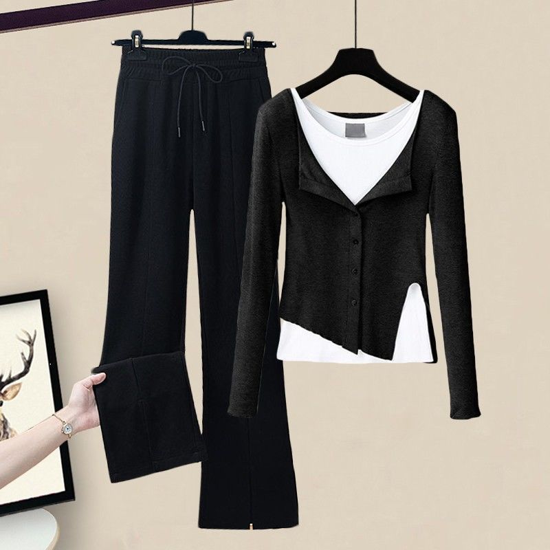 Women's Clothing Spring gray two piece tops bottoming shirt with split pants casual pants suit new women's spring_ecoleips.com
