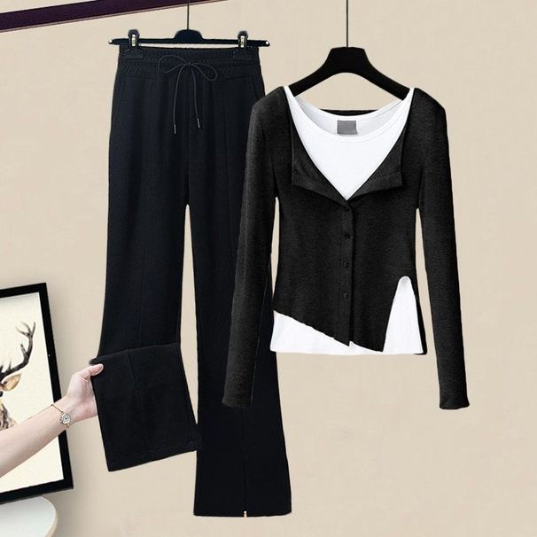 Women's Clothing Spring gray two piece tops bottoming shirt with split pants casual pants suit new women's spring_ecoleips.com