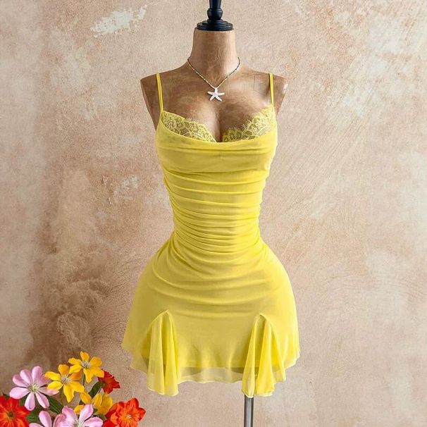 Pale Yellow Lace Slip Dress Pure Alluring Fitted Waist Pleats Mesh Ruffles Fishtail Hem Elegant Bodycon Silhouette Women's Dress_ecoleips.com