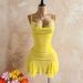 Pale Yellow Lace Slip Dress Pure Alluring Fitted Waist Pleats Mesh Ruffles Fishtail Hem Elegant Bodycon Silhouette Women's Dress_ecoleips.com