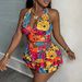 Daisy Print Halter Neck Deep V Two Piece Swimsuit European American Style Vest Pleated Skirt Set_ecoleips.com