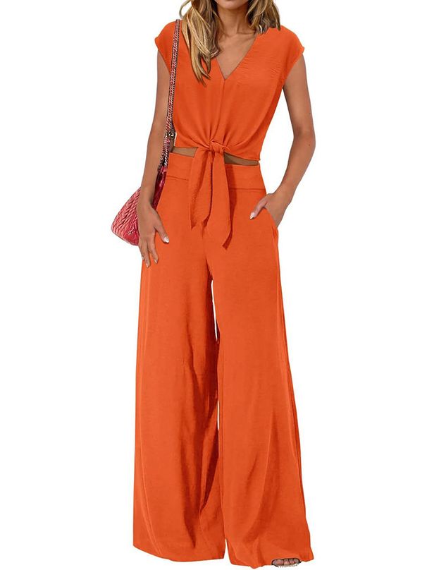 Women's Clothing V Neck Lace Up Navel Exposed Wide Leg Pants Casual Fashion Suit_ecoleips.com