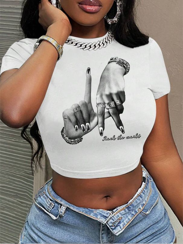 Women's Clothing Street Style Print Short Sleeveless Graphic Tee Casual Summer Fashion Top Fits True To Size_ecoleips.com