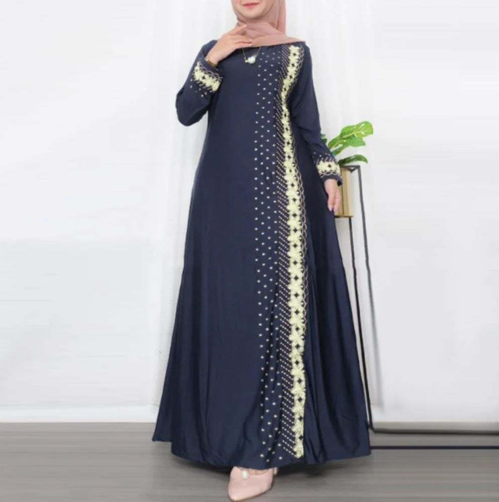 2025 New Muslim Robe Positioning Printing Fashionable And Elegant Long Sleeved Loose Dress_ecoleips.com