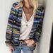 Women's Oversized V-Neck Cardigan - Lightweight Cotton Knit Sweater With Distressed Checkered Pattern (S-XXXL)_ecoleips.com