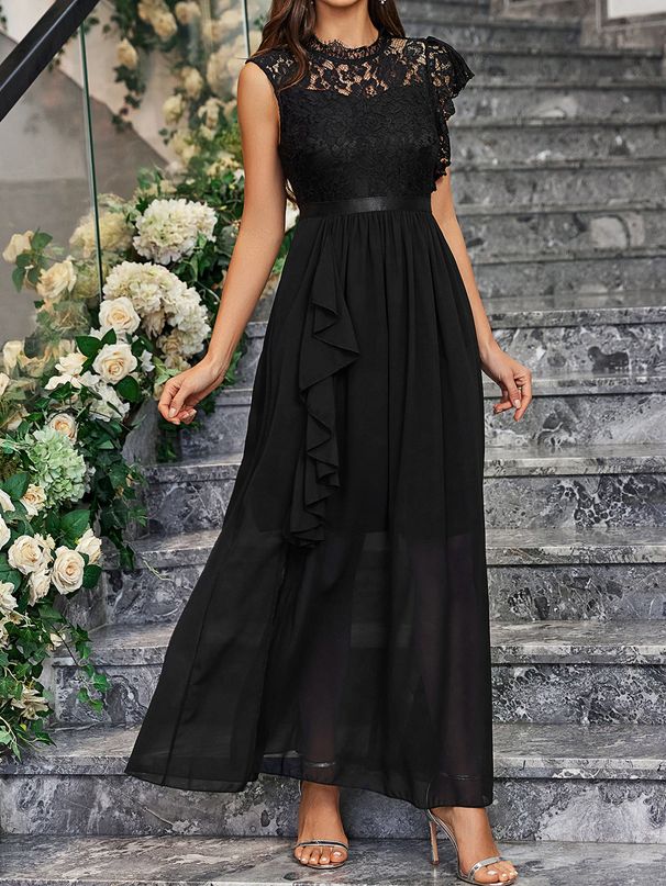Women's Clothing Elegant Lace Chiffon Slim Fit Slit Solid Color Ladies Dress_ecoleips.com