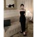 French Style Stunning Black Bow Sexy Bodycon Off-Shoulder Halter Neck For Women Summer High-End Long Dress_ecoleips.com