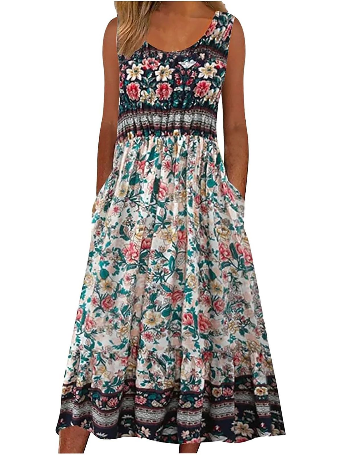 2025 Summer New! Women's Sleeveless Bohemian Floral Casual Beach MIDI Sundress With Pockets Flowing And Loose_ecoleips.com