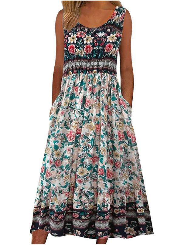 2025 Summer New! Women's Sleeveless Bohemian Floral Casual Beach MIDI Sundress With Pockets Flowing And Loose_ecoleips.com