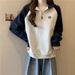 real Shot: Women's Color-blocked Long-sleeve Sweatshirt, Early Autumn Korean Style, Loose Fit, Half-zip POLO_ecoleips.com