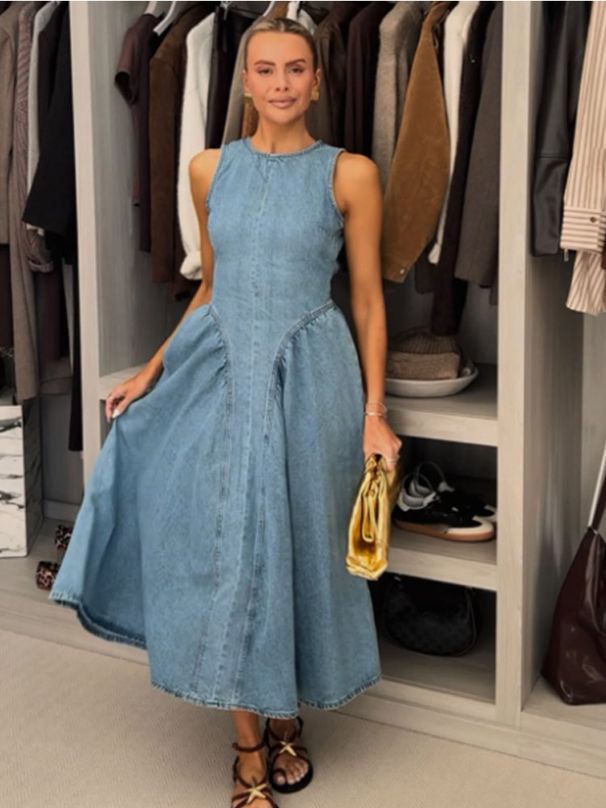 Women's Slim Fit Denim Dress - French Style Washed Suspender Sleeveless Dress_ecoleips.com