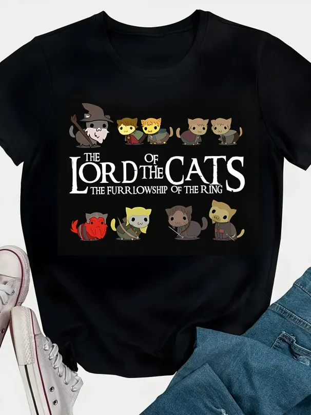 Women's Casual Short Sleeve T-Shirt The Lord Of The Cats Fantasy Cartoon Print Round Neck Tee With Whimsical Cat Characters_ecoleips.com