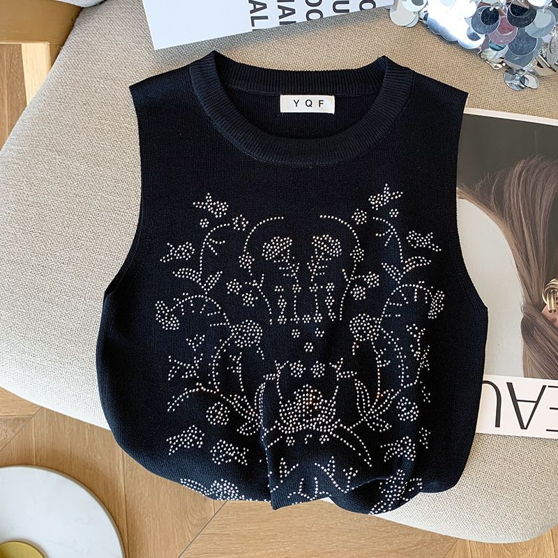 Women's Clothing Summer New Design Hot Diamond Sleeveless Slim T Shirt Top Ice Silk Sweater_ecoleips.com