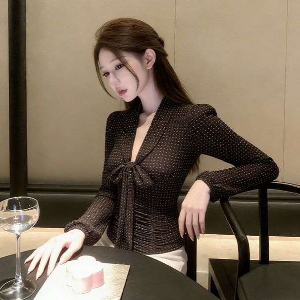French Retro Chic Design Bow Tie Shirt For Women, 2026 Spring New Versatile Gentle Style Polka Dot Top_ecoleips.com