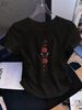 Damen T-Shirt Mit Taillenbetonung Elastisch Kurzarm Rundhals Roter Rosen-Schmetterlingsdruck_ecoleips.com