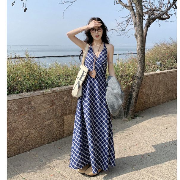 Plaid Slimming Design Dress With Hanging Neck And Long Skirt_ecoleips.com