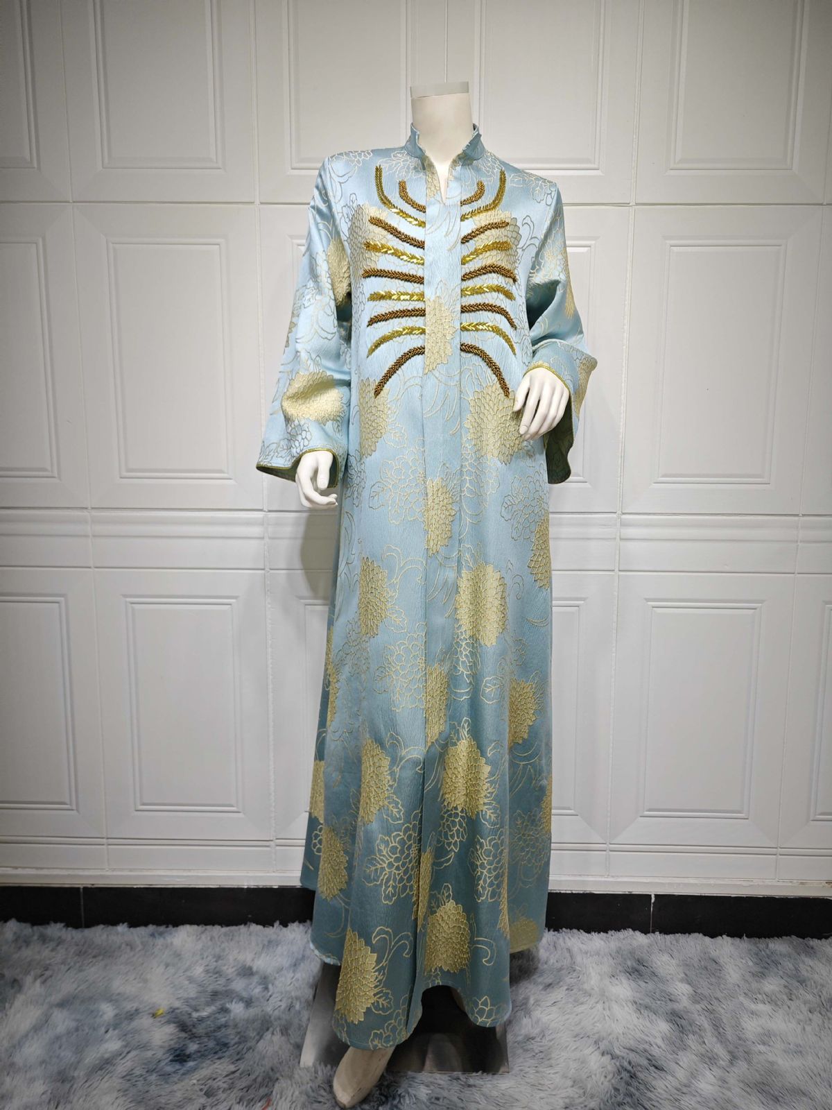 Modest Abaya Dress– V-Neck Jacquard With Beaded Embellishments, Luxurious Muslim Evening Gown For Banquets (S-XXL, 5 Colors)_ecoleips.com