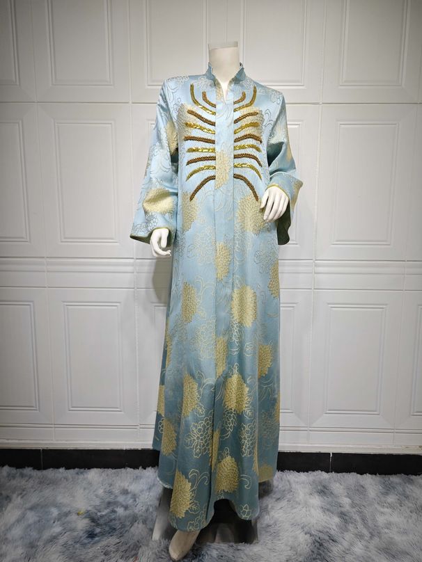 Modest Abaya Dress– V-Neck Jacquard With Beaded Embellishments, Luxurious Muslim Evening Gown For Banquets (S-XXL, 5 Colors)_ecoleips.com