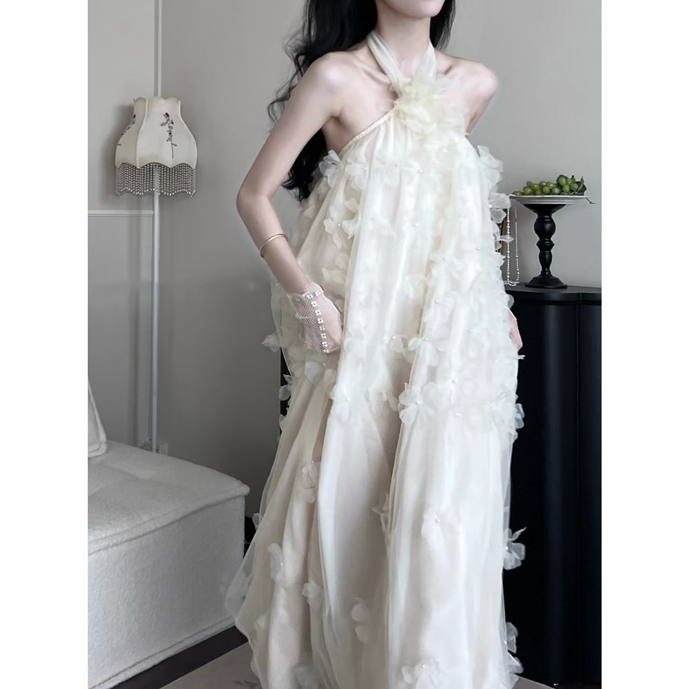 Women's Clothing Fairy Flower Backless Dress Elegant Loose Halter Neck Long Dress_ecoleips.com