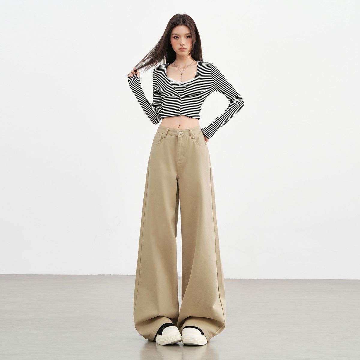 Khaki Straight-leg Jeans For Women, New Autumn/winter 2025, High-waisted, Loose, Slimming, Versatile, Wide-leg,_ecoleips.com