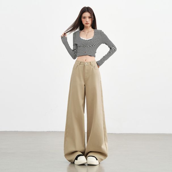 Khaki Straight-leg Jeans For Women, New Autumn/winter 2025, High-waisted, Loose, Slimming, Versatile, Wide-leg,_ecoleips.com