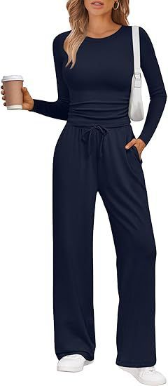 Women's Casual Two-Piece Set Long Sleeve T-Shirt & Pants Comfortable Outfit For Fall Winter Spring (Dark Blue, Black, Coffee, Light Gray, Slate Gray)_ecoleips.com