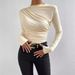 Women's Slim Fit Long Sleeve T-Shirt Versatile Pleated Chic High-Neck Design Solid Color American Style Top_ecoleips.com