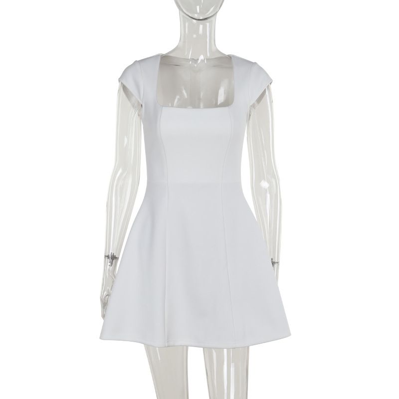 Women's Summer Fashionable Elegant Commuter Short Sleeve Square Neck Vest A-Line Mini Dress New Style_ecoleips.com