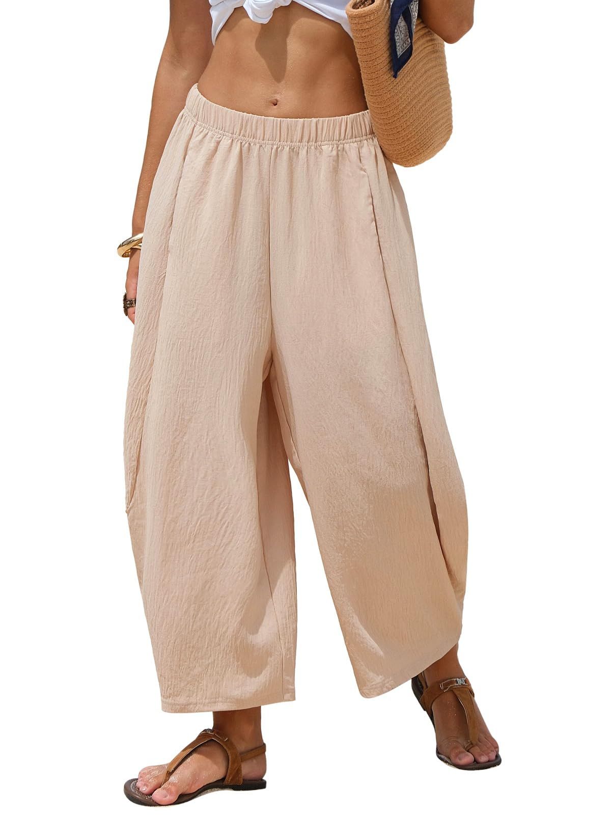 Women's Linen Wide Leg Trousers Bohemian Summer Casual Patchwork Loose Elastic Waist European And American Style 2026_ecoleips.com