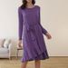 Women's Elegant Solid Color Long Sleeve Dress Slim Fit Crew Neck Mid Waist Belted Daily Evening Dresses_ecoleips.com