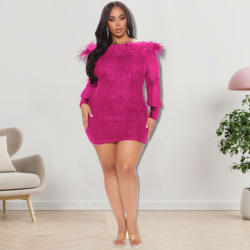 Plus Size Long Sleeve Sequin Dress, Off-Shoulder Bodycon Mini, Street Style Glam For Night Out_ecoleips.com