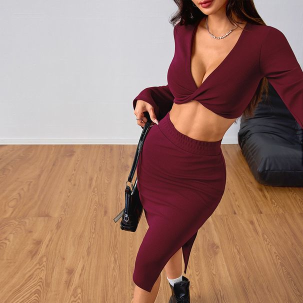 Voya Women's Sexy Versatile Fashion Set For Spring And Summer, New Wine Red Top Two-piece Set_ecoleips.com