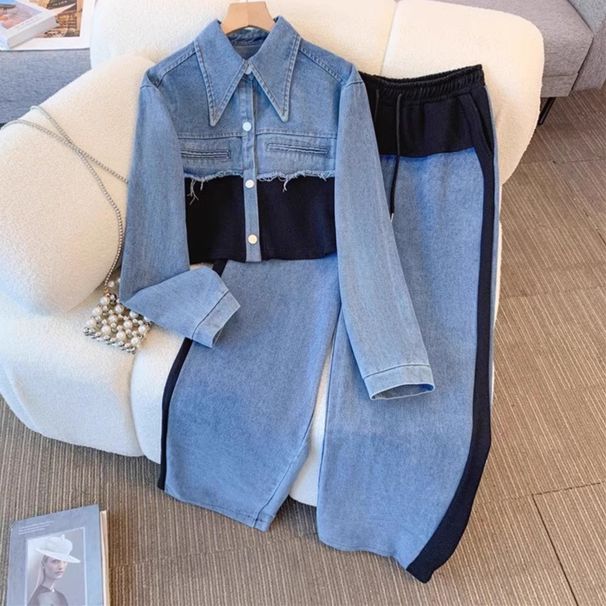 Women's Denim Patchwork Fashion Casual Suit Long Sleeved Top And Wide Leg Pants Two-Piece Set For Spring And Autumn_ecoleips.com