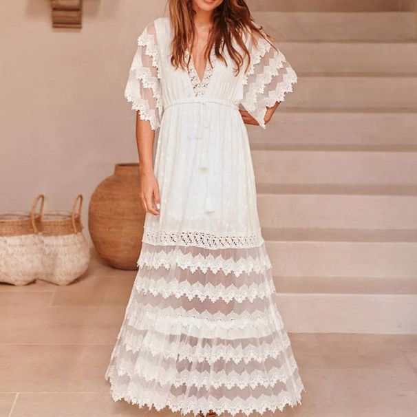 European And American Women's Clothing Spring And Summer New Fashion Solid Color Lace Dress Temperament Elegant Dress Party Long Skirt_ecoleips.com