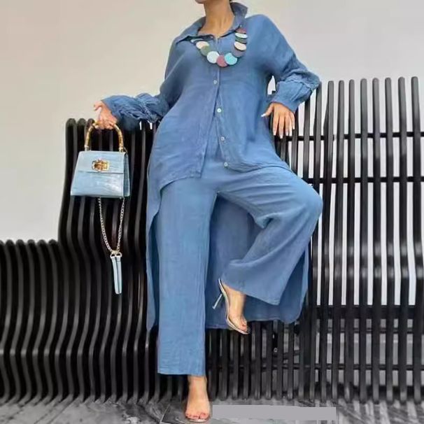 Women's Clothing Elegant Cotton Linen Slim Waist Long Shirt Wide Leg Pants Suit_ecoleips.com