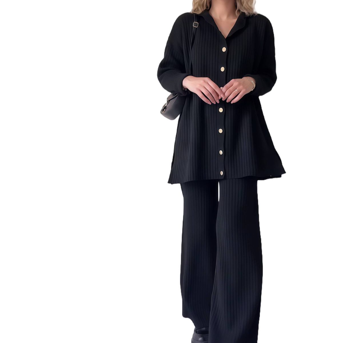Women's Clothing Solid Color Design Button Fashion Casual Home Sweater Suit_ecoleips.com