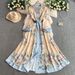 Women’s Clothing Palace Style Stand Collar Lantern Sleeve Dress For Women Summer Single Breasted Waist Slim Print Long Skirt_ecoleips.com
