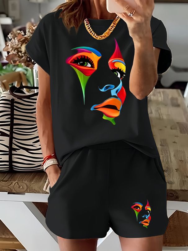 Women’s 2 Piece Outfit Set – Oversized Graphic T-Shirt And Biker Shorts Matching Set, Casual Summer Lounge Tracksuit For Daily Wear-311_ecoleips.com