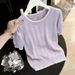 Women's Slimming Round Neck Hollowed Out Ice Silk Knit Short Sleeve T-Shirt Loose Fitting Summer Thin Top_ecoleips.com