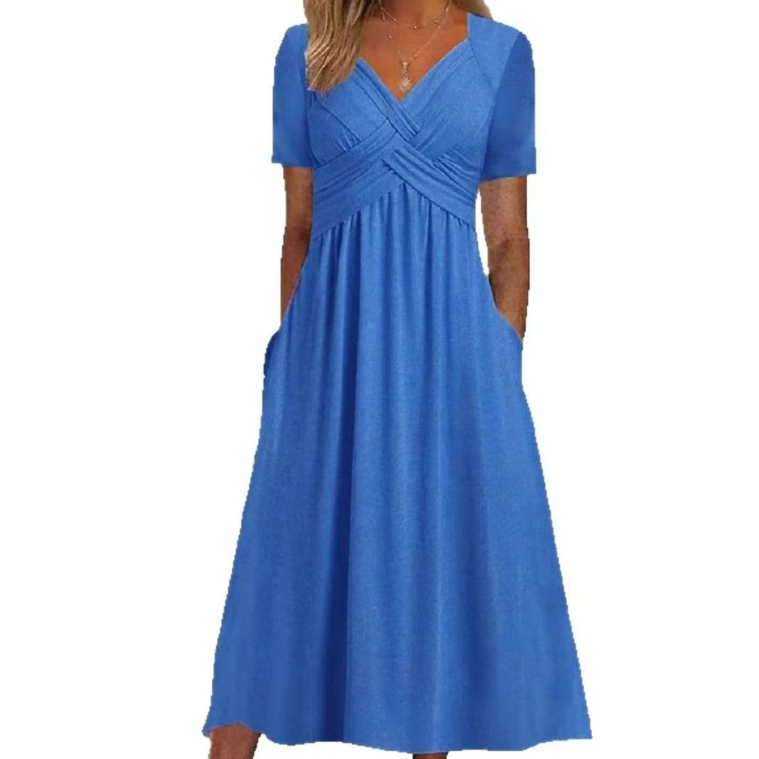 Women's Clothing Summer New Short Sleeved Dress Women's Clothing Personality Dress V Neck_ecoleips.com