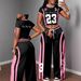 Women's Retro Pictographic Print T-Shirt And Wide Leg Pants Set Casual Comfortable 2-Piece Home Or Outerwear Clothing_ecoleips.com