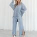 Women's Clothing Solid Color Pleated Long Sleeved Lapel Cardigan Shirt Slit Pajamas Two Piece Suit_ecoleips.com